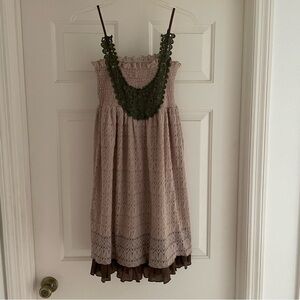 A'reve crochet smocked lace Dress with adjustable straps tan brown olive boho